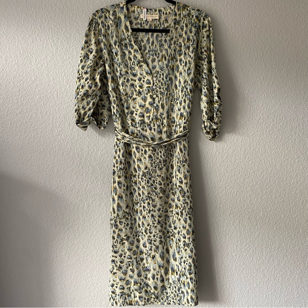 EUC LoveStitch Midi Shirtdress green/blue leopard print, silk, size Med